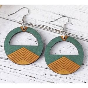 Retro Half Moon Earrings Green & Yellow Wood‎ Cut-Out